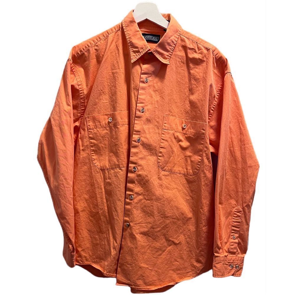 Lands End Mens L Button Down Long Sleeve All Cotton Shirt Orange Double Pocket